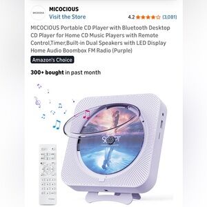 NIB Portable CD Player With Bluetooth Dual Speaker LED Display FM Radio Purple